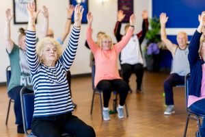 Elderly ladies in chairs exercising with arms over head